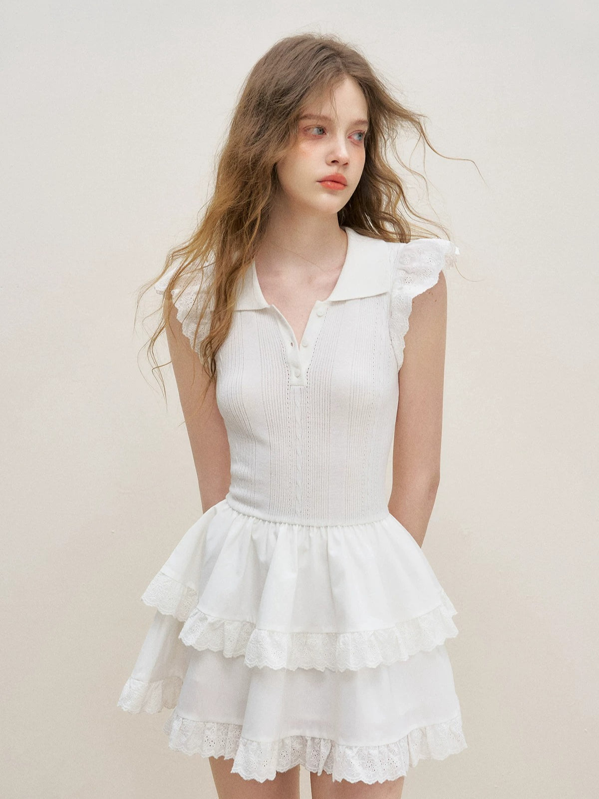 Lace Trim Flutter Sleeve Mini Dress