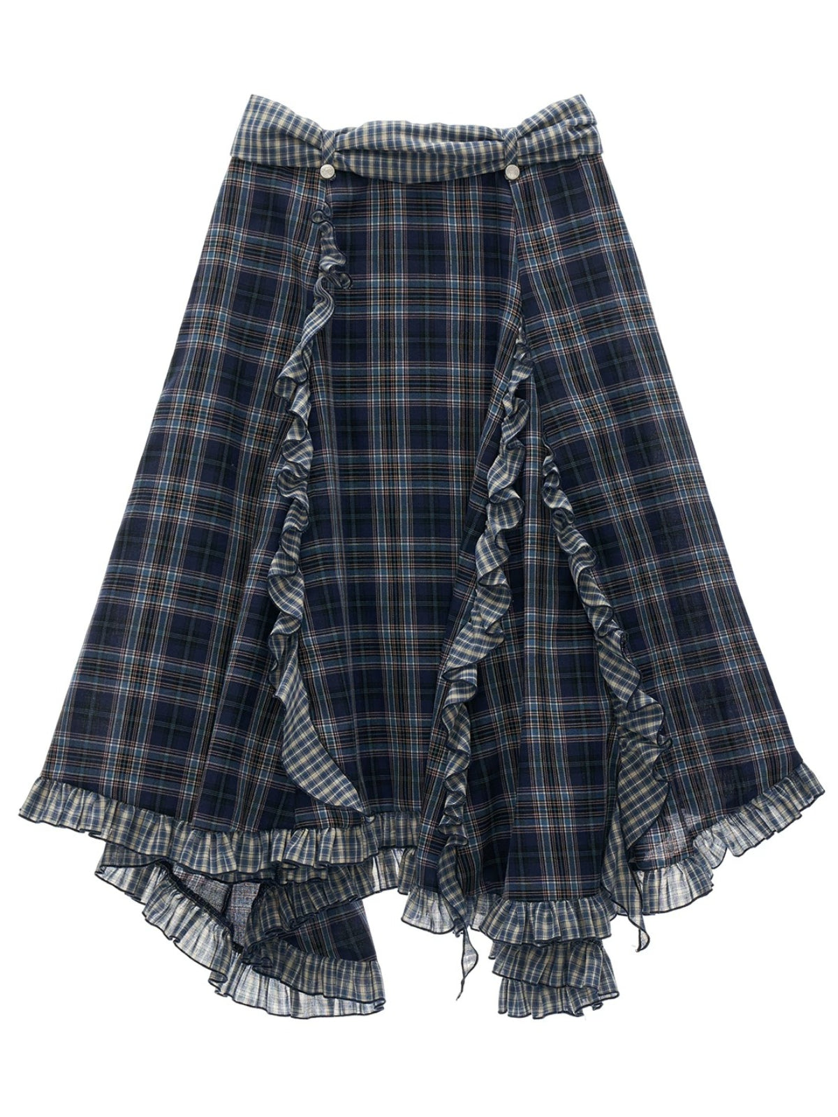 Asymmetric Ruffle Plaid Midi Skirt