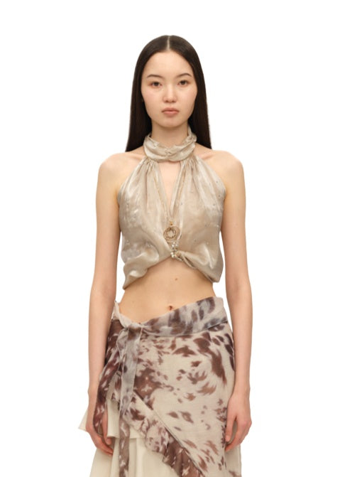 Gold Rhinestone Halter Organza Camisole