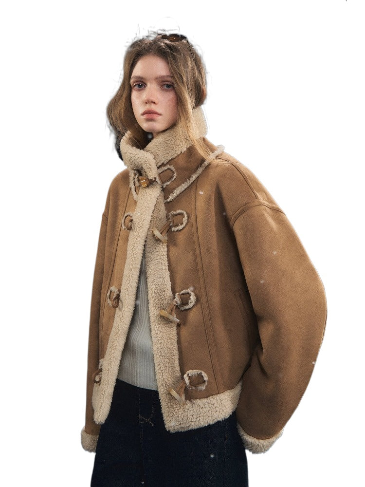 Horn Button Woolen Fur Jacket