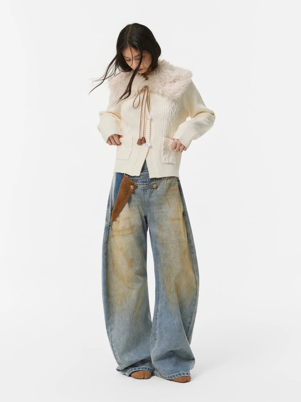Alpaca Fur Collar Horn Button Cardigan