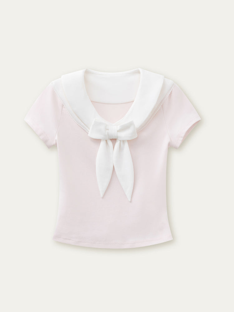 Bow-neck Contrast-color Skin Friendly Cotton T-shirt