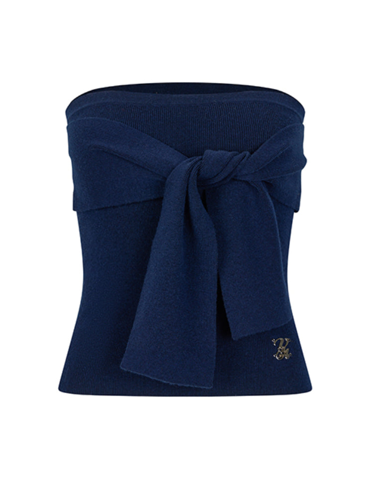 Gray & Navy Blue Tie-Knitted Top