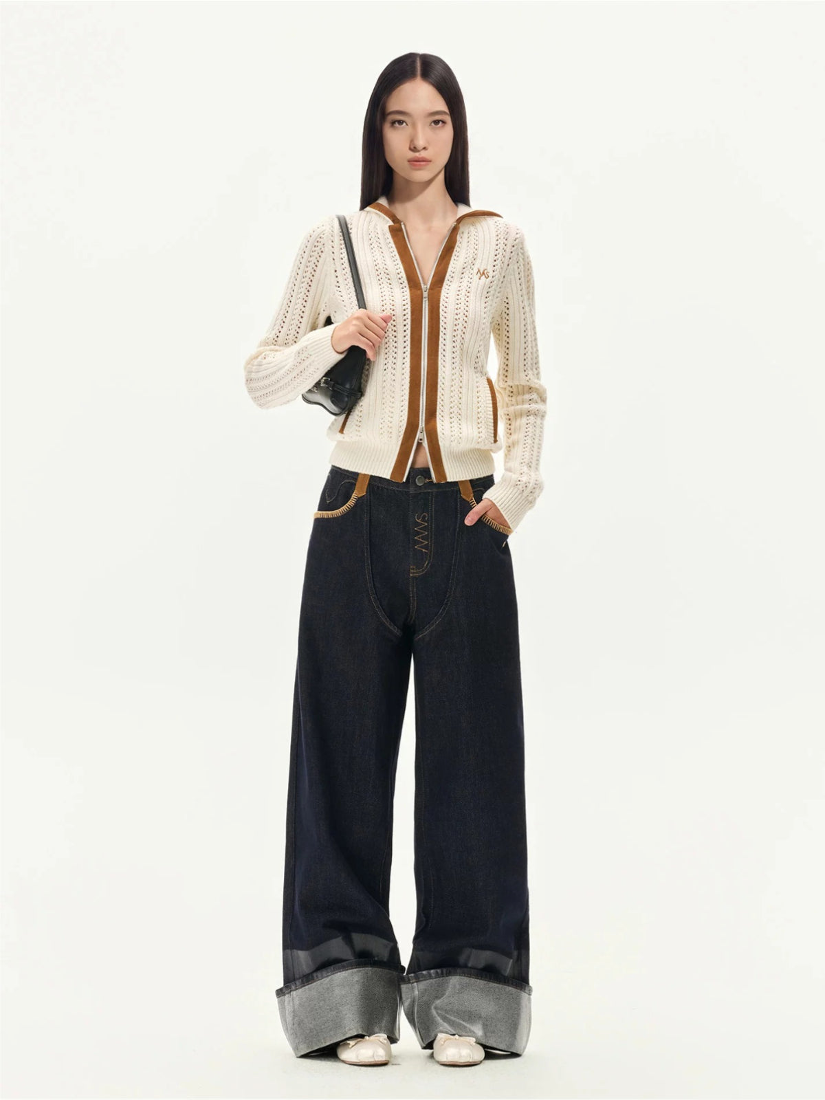 Vintage Coated Folded Wide Leg Jeans