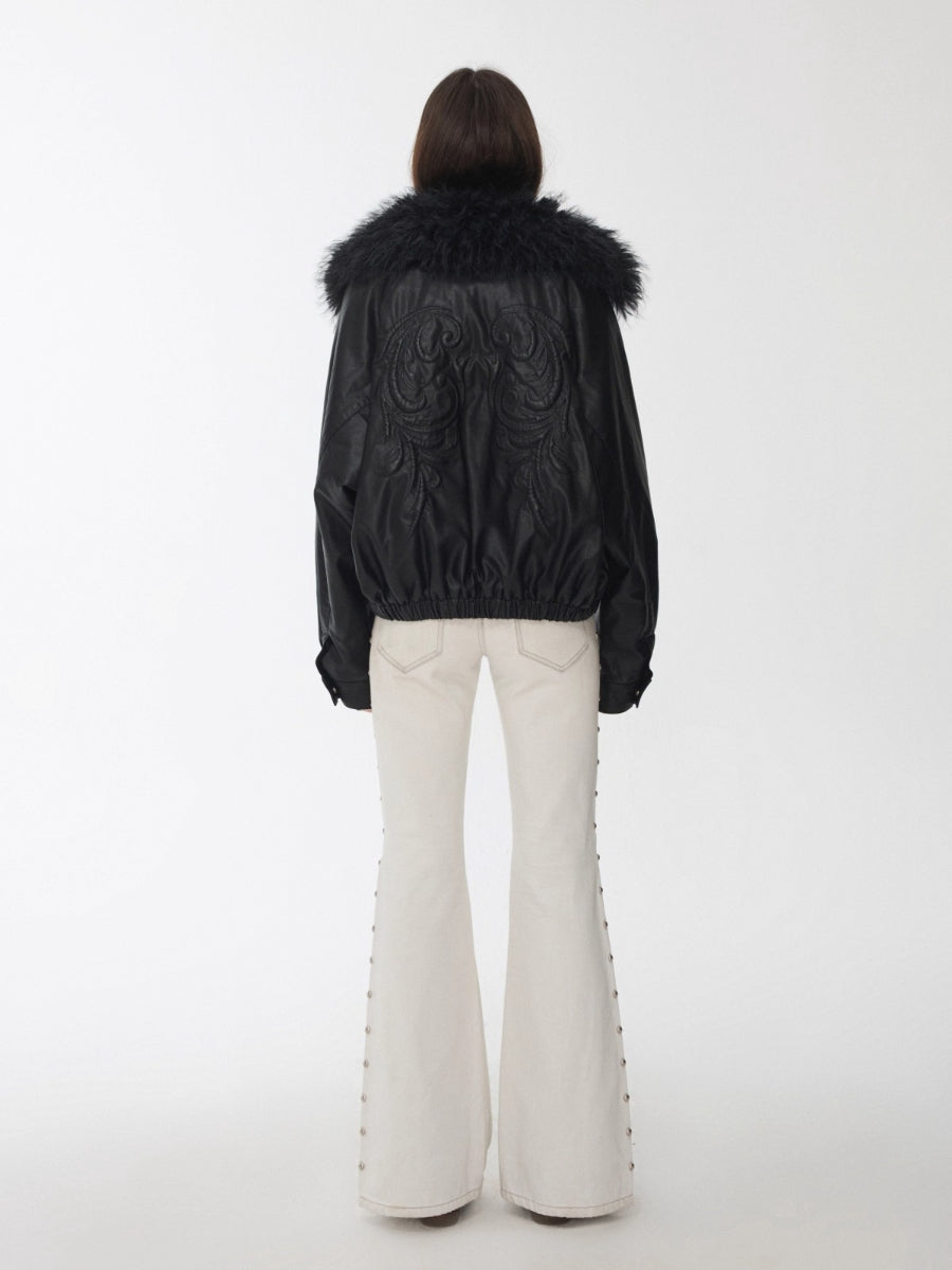 Embroidered Faux Fur Collar Leather Jacket
