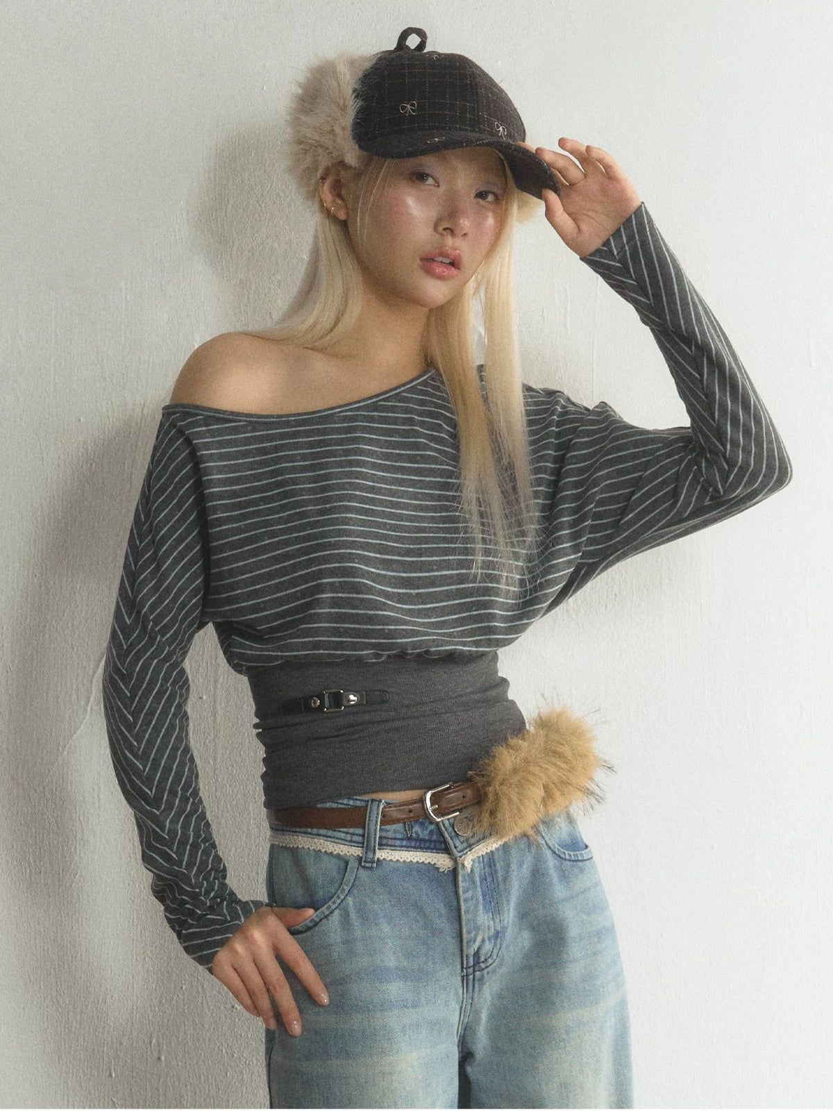 Striped Asymmetric Neck Layered T-Shirt