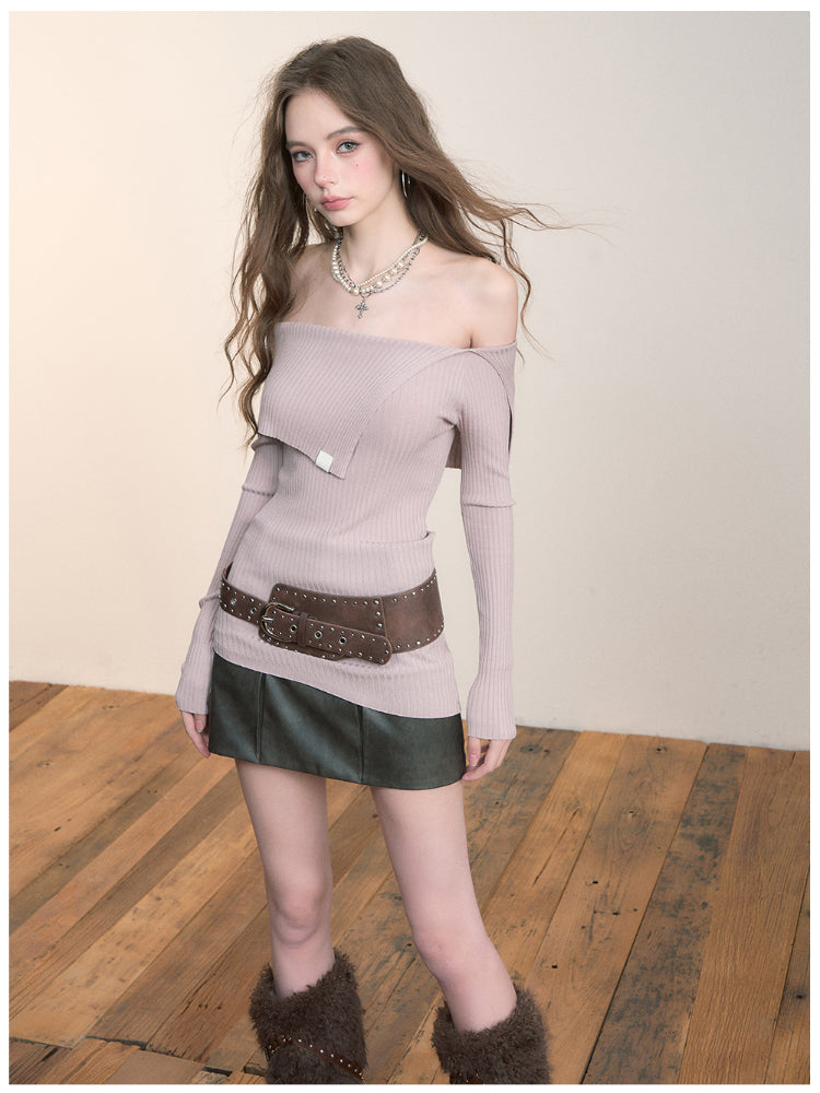 One-Shoulder Collared Knit Crewneck
