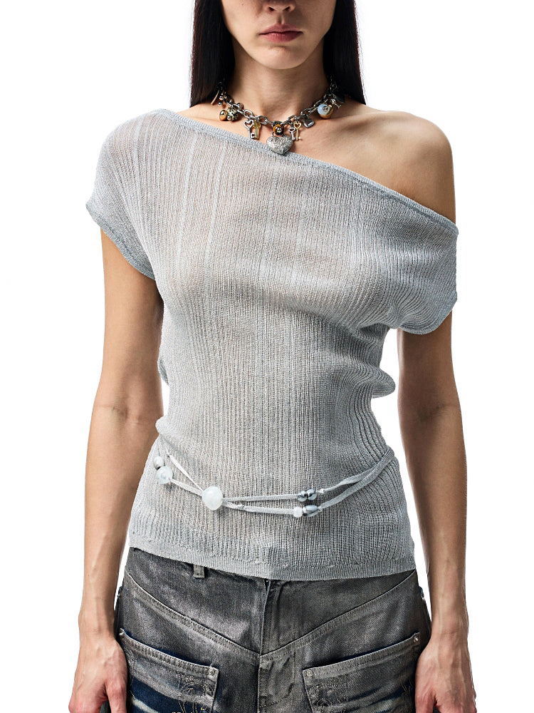 Asymmetric Shoulder Knit Short Sleeve T-shirt