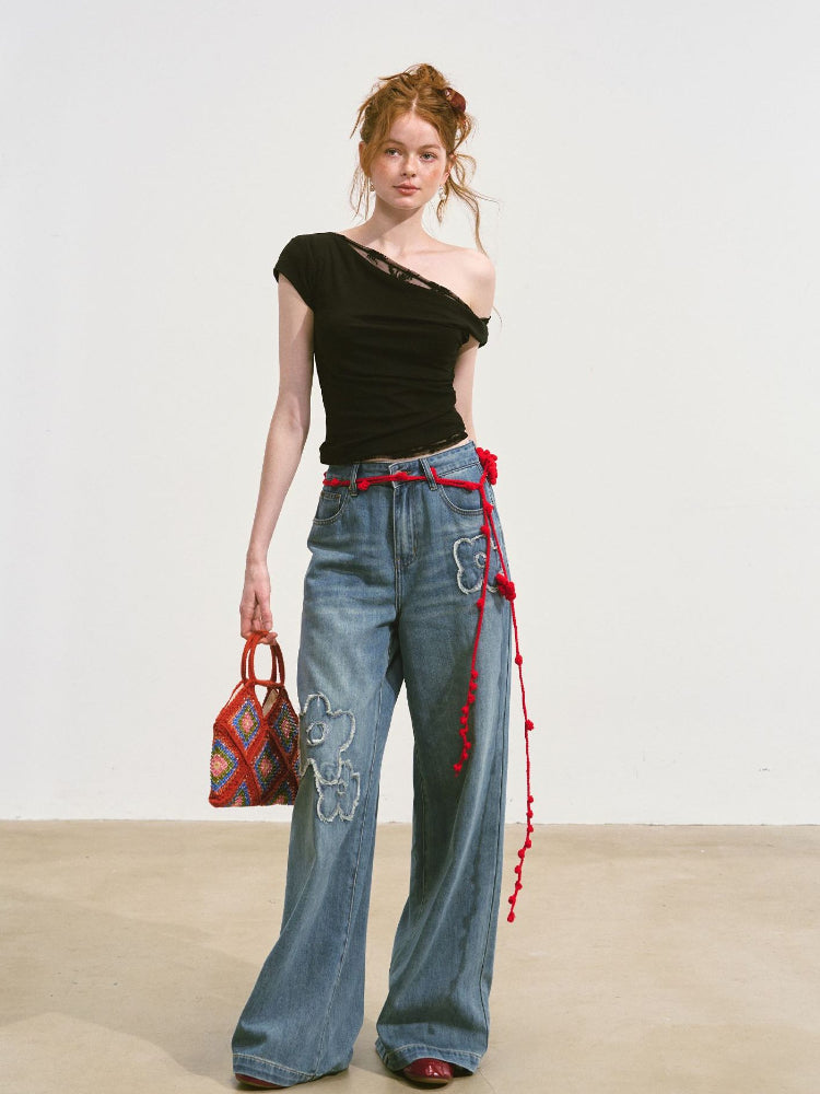Raw-edge Flower-Patch Straight-leg Jeans