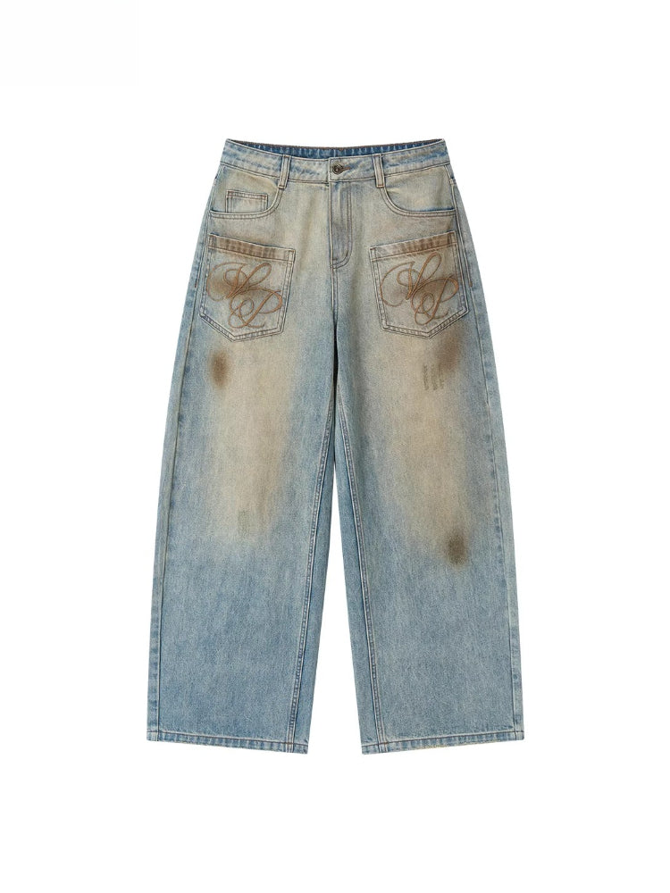 Washed Distressed Embroidered Denim Jeans