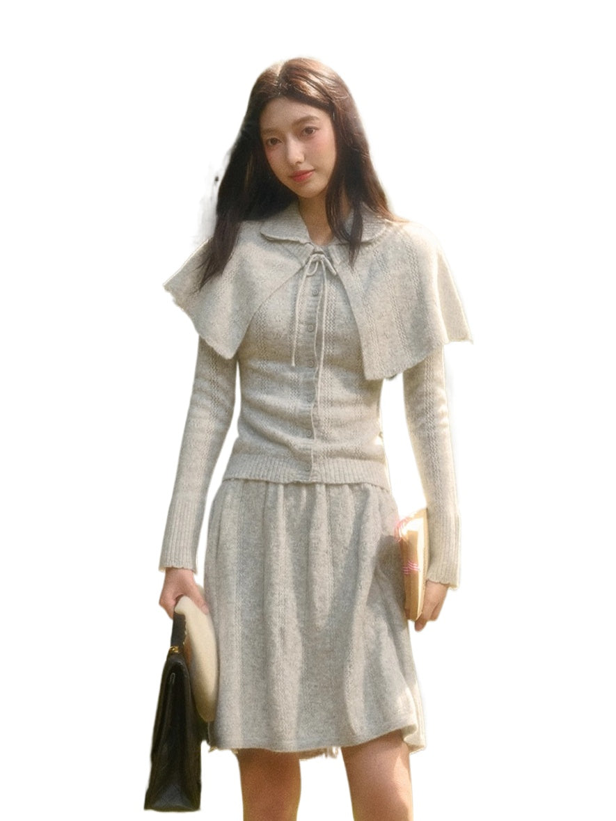 Snow Library Wool Knit Cape Cardigan & Skirt Set