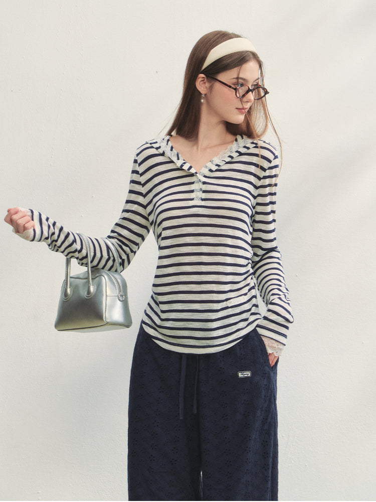 Striped Color-block Lace Spliced T-Shirt
