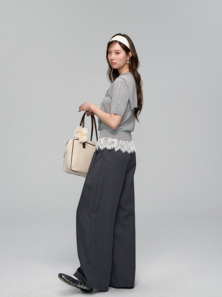 Waistband Lace-spliced Faux Two-piece Long Pants