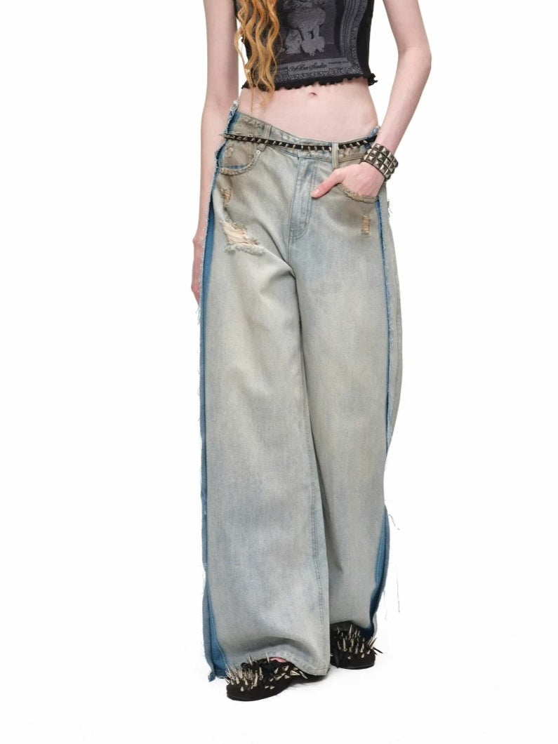 Distressed Curved Denim Pants
