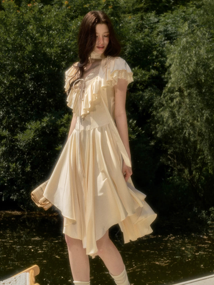 Apricot & Blue Lace V-Neck Dress