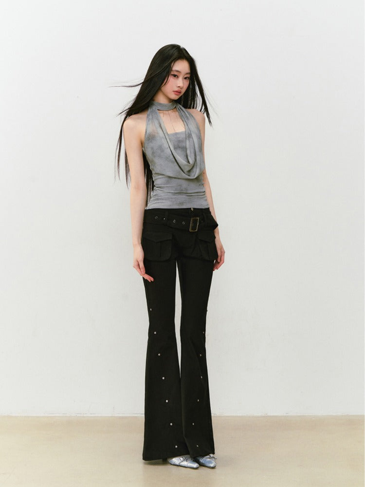 Chain Swing-neck Halter Neckline-gathered Waist Tank Top