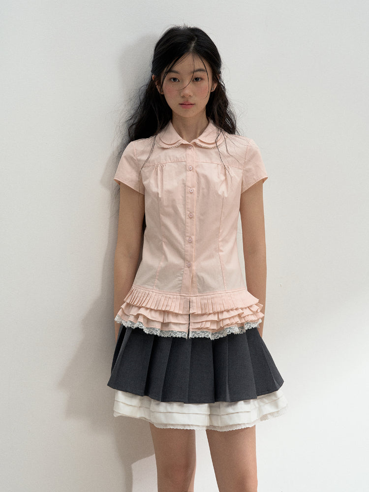 Pink Embroidered Collar Lace Shirt