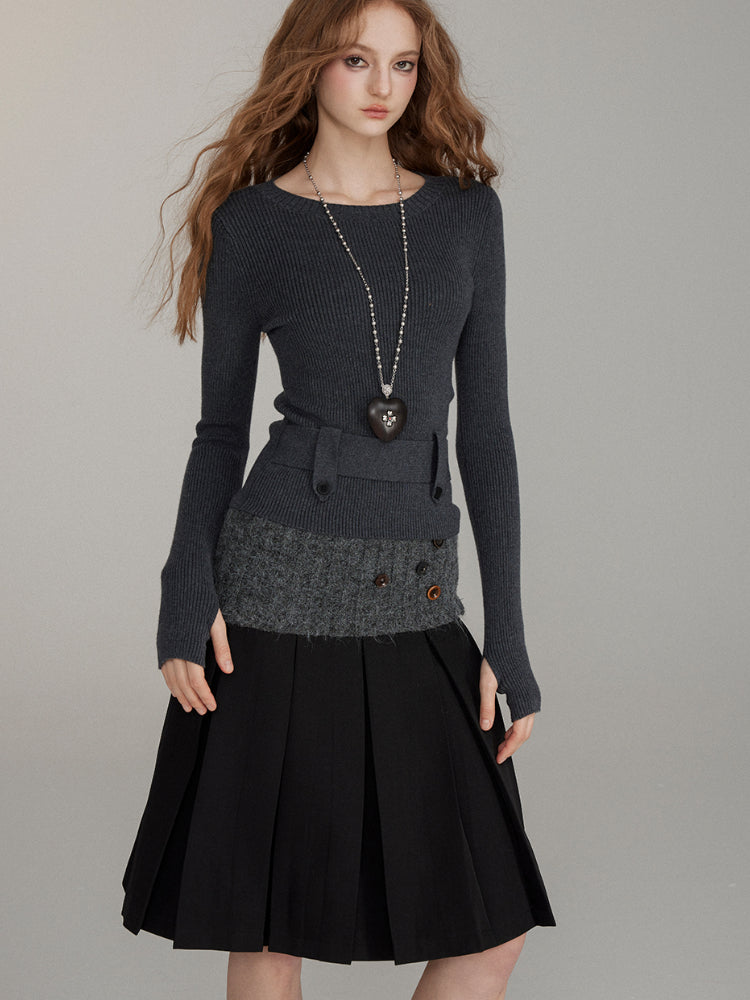 Patchwork Button Wool Pleated Skirt