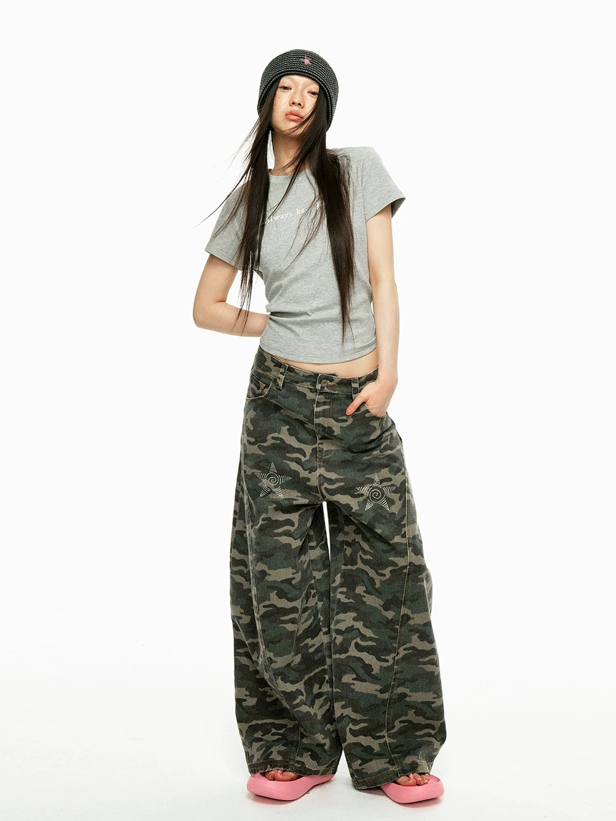 Washed Camo Wide Leg Jeans