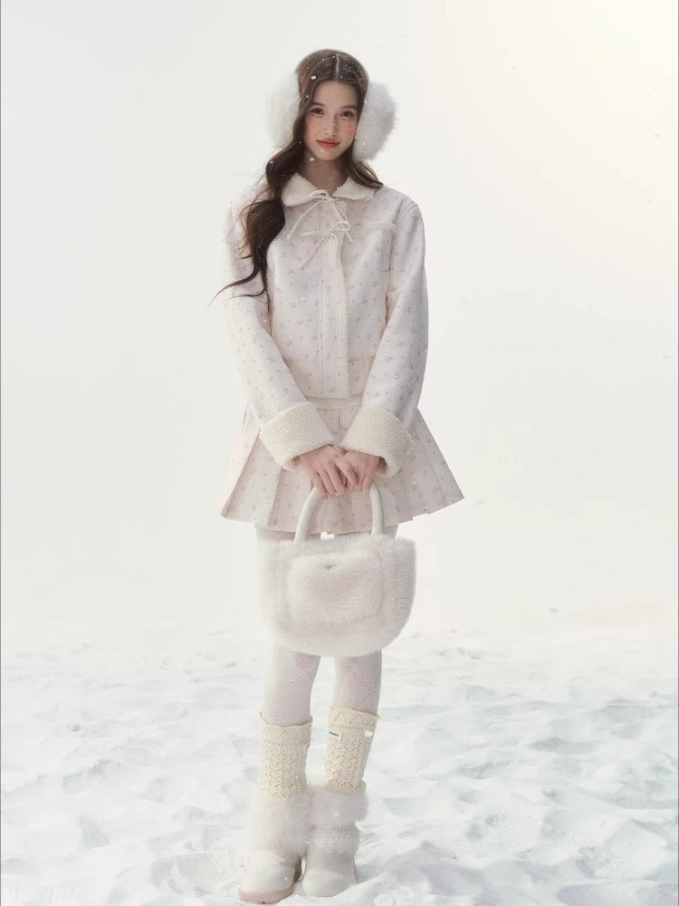 Floral Corduroy Shearling Jacket & Skirt Set