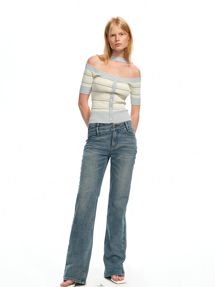 One-Shoulder Halter Neck Color-Block Striped T-shirt