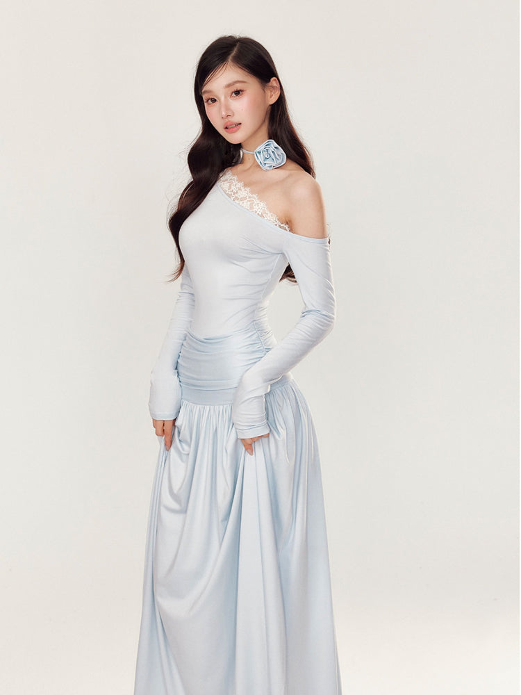 Off-Shoulder Asymmetrical Waist Pleated Dress