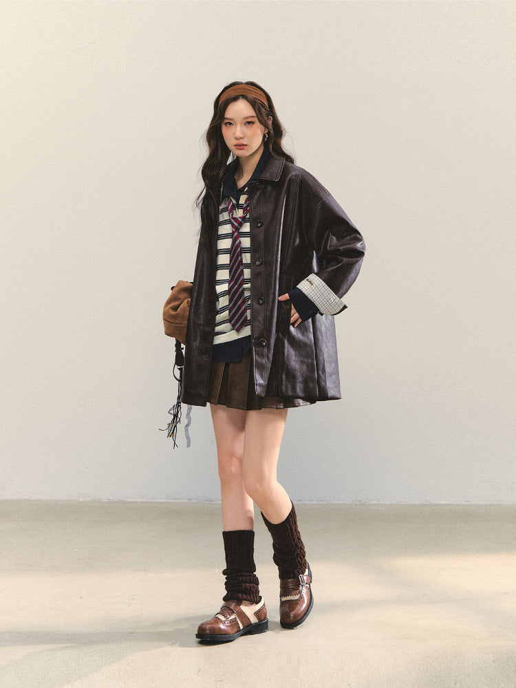 Black H-shaped Cuff Checkered Spliced Leather Jacket