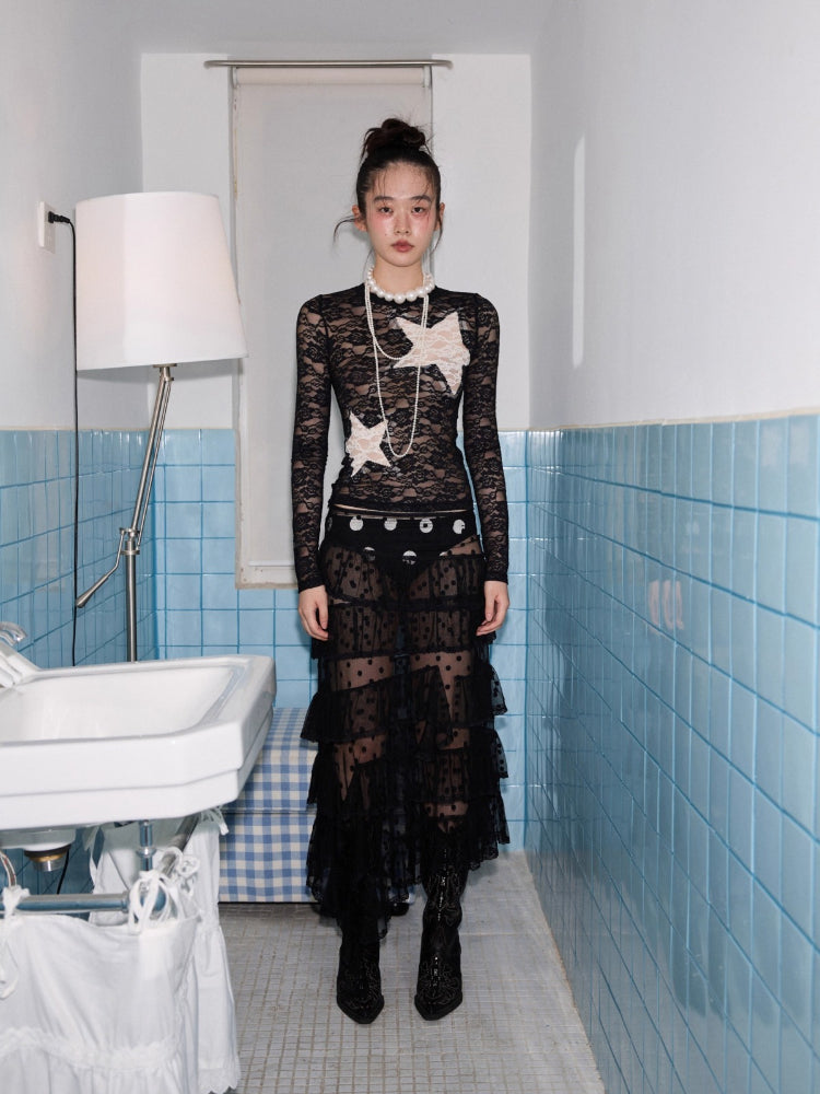 Vintage Contrast Star Patch Lace Slim Long Sleeve Top