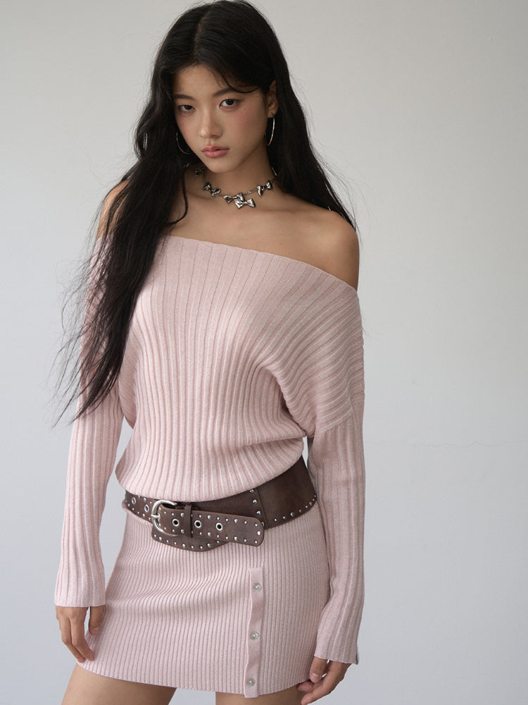 Thin One-shoulder Oblique-shoulder Button Dress