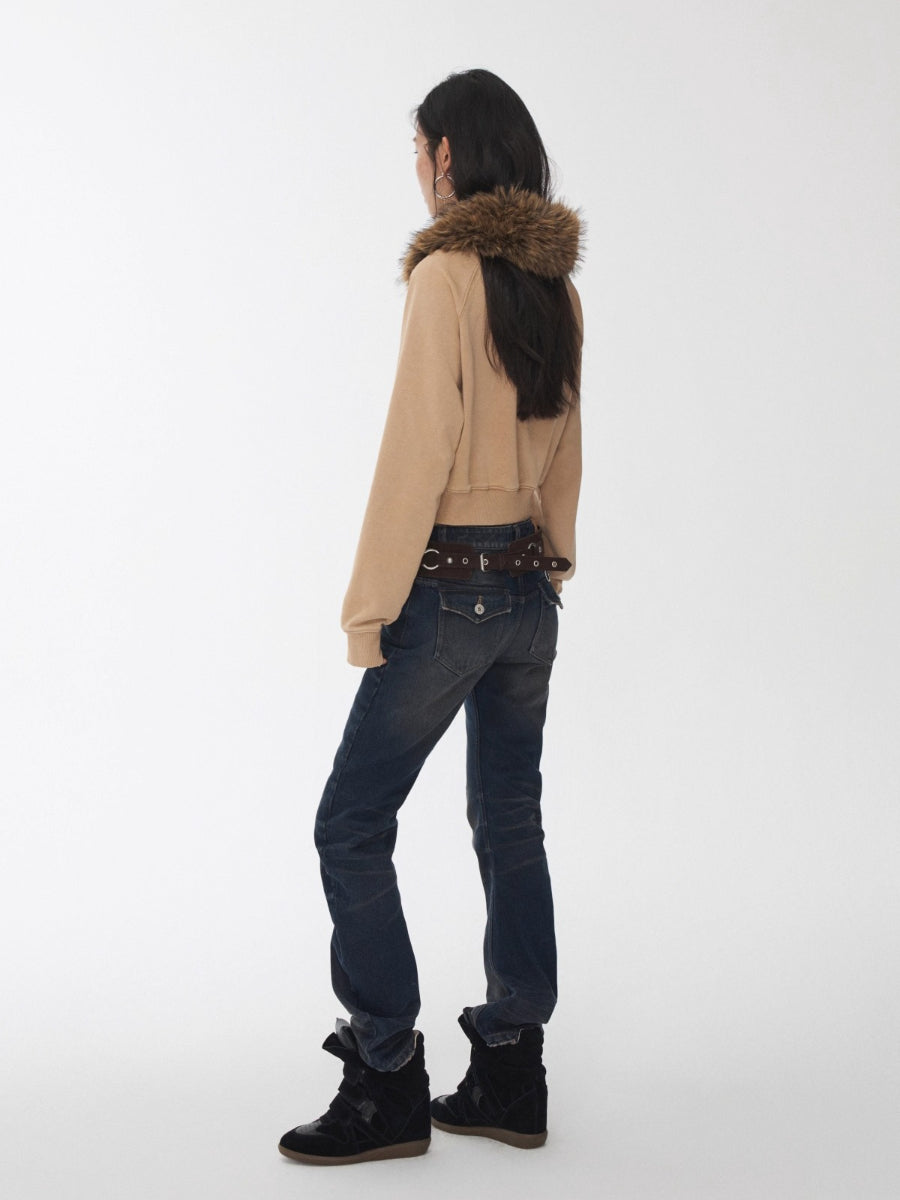 Vintage Pleated Washed Denim Curved Jeans