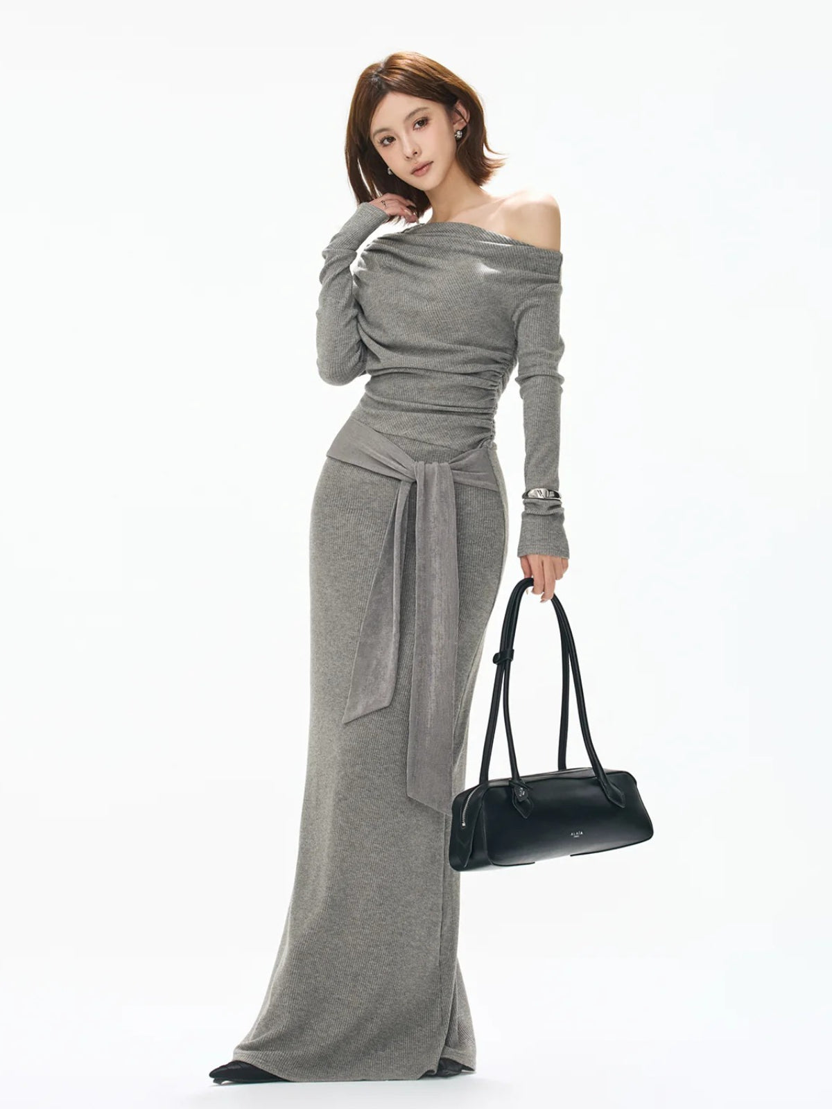 Ruched One-Shoulder Knit Dress