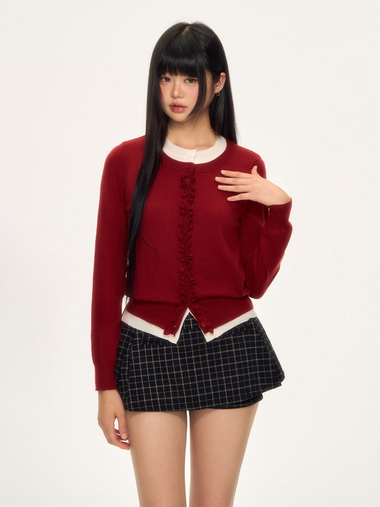 Red Layered Ruffle Trim Knit Pullover