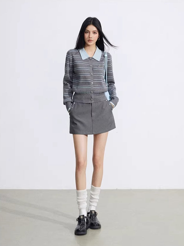 Yellow & Gray Striped Polo Knit Top
