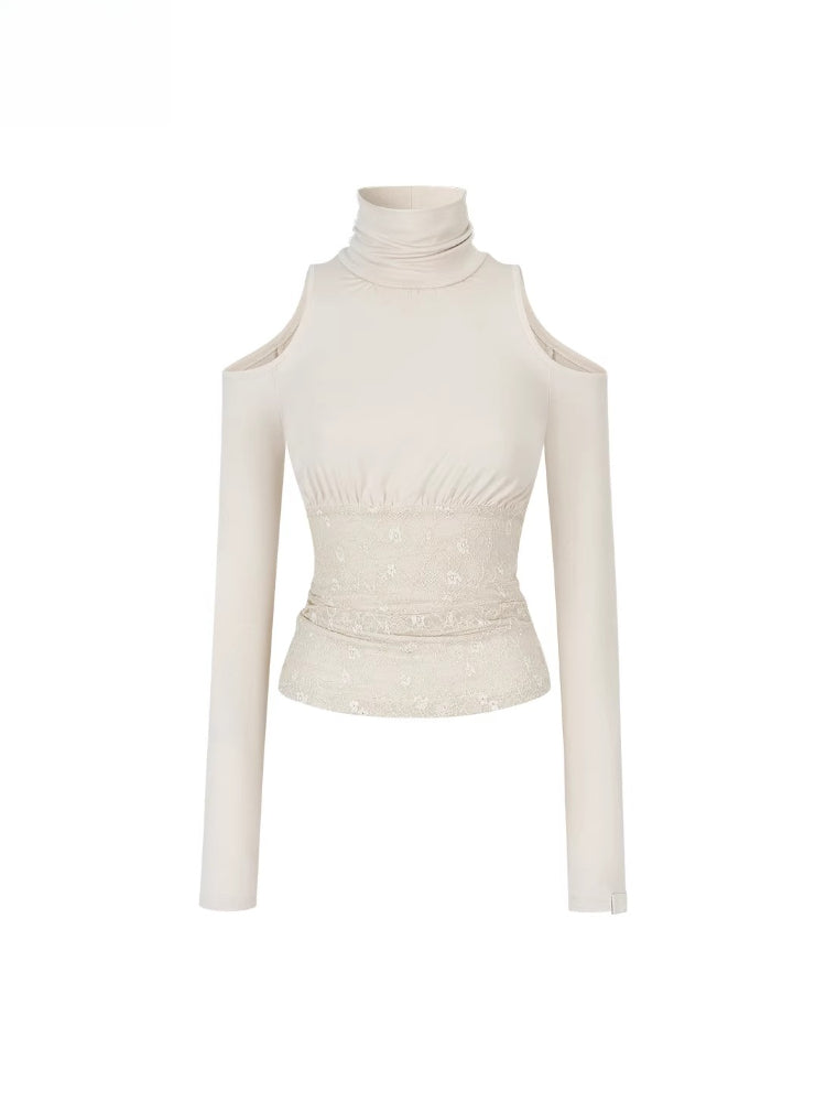 Lace Cold-Shoulder High Neck Long Sleeve Top