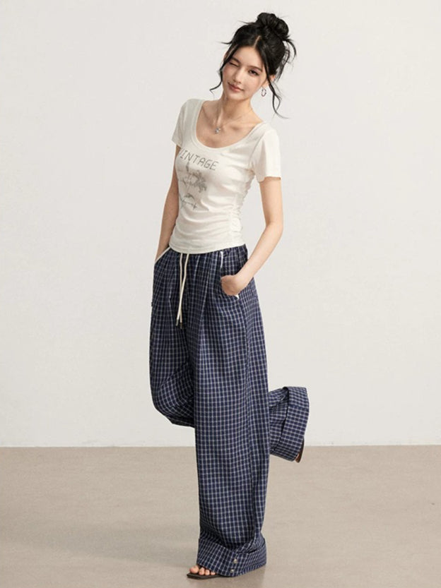 Plaid Folded Wide-Leg Pants