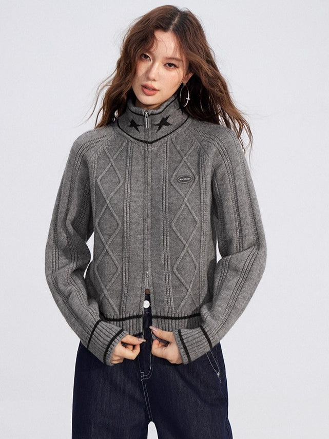 Contrast Zip Cable Sweater