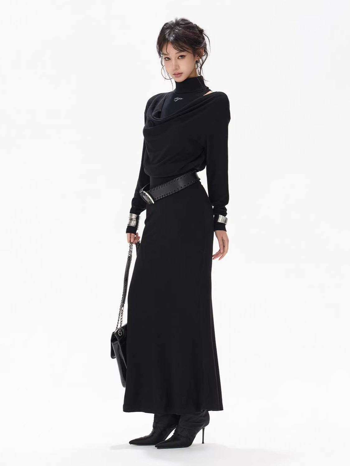 Black Draped Knit High-neck Dress