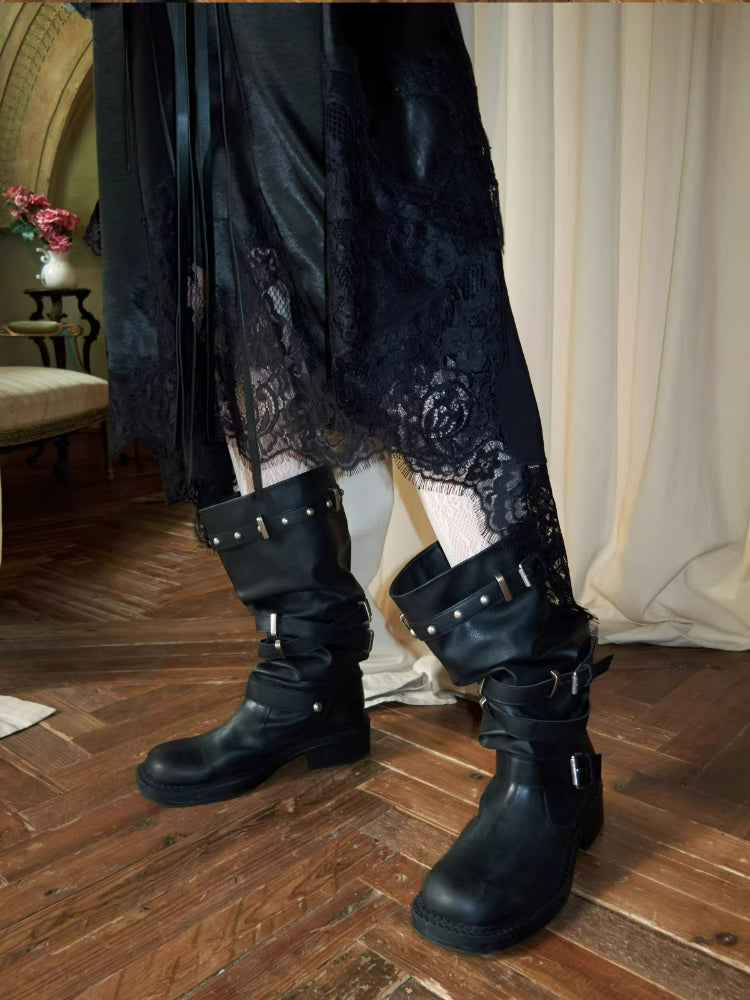 Distressed Stud Strap Mid-Calf Boots