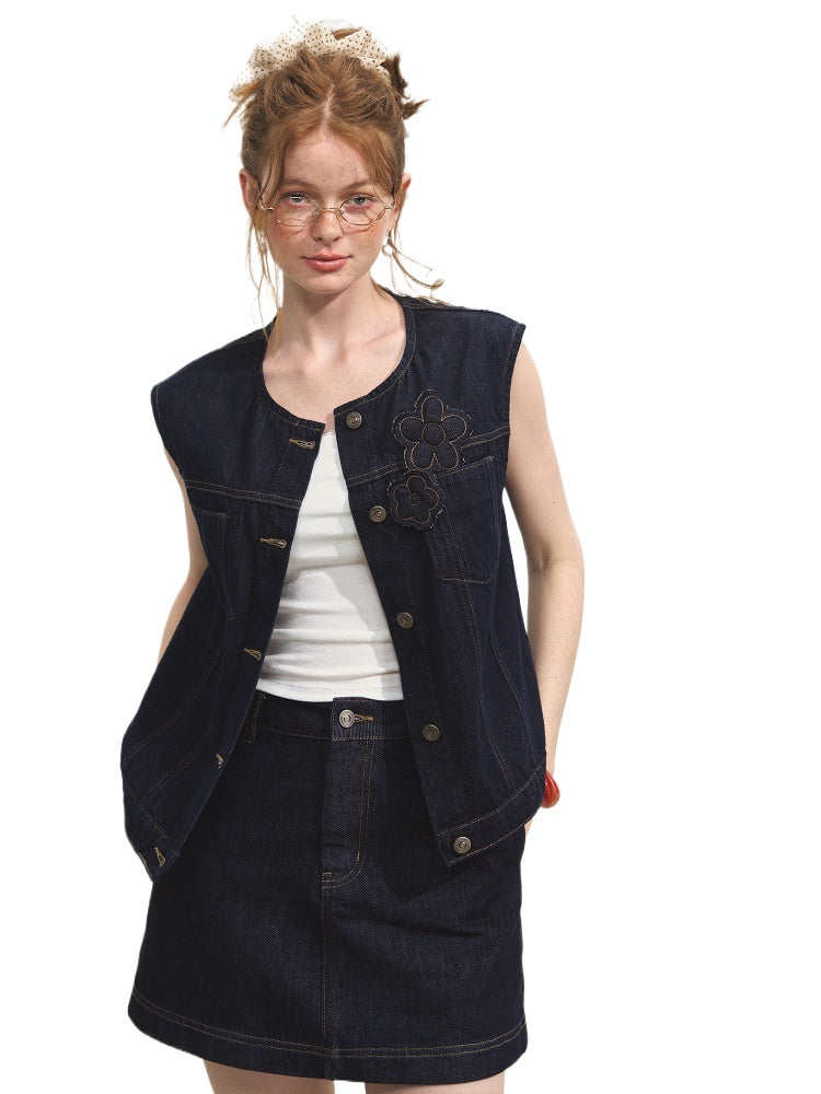 Layered Relaxed Denim Vest & Skirt Set