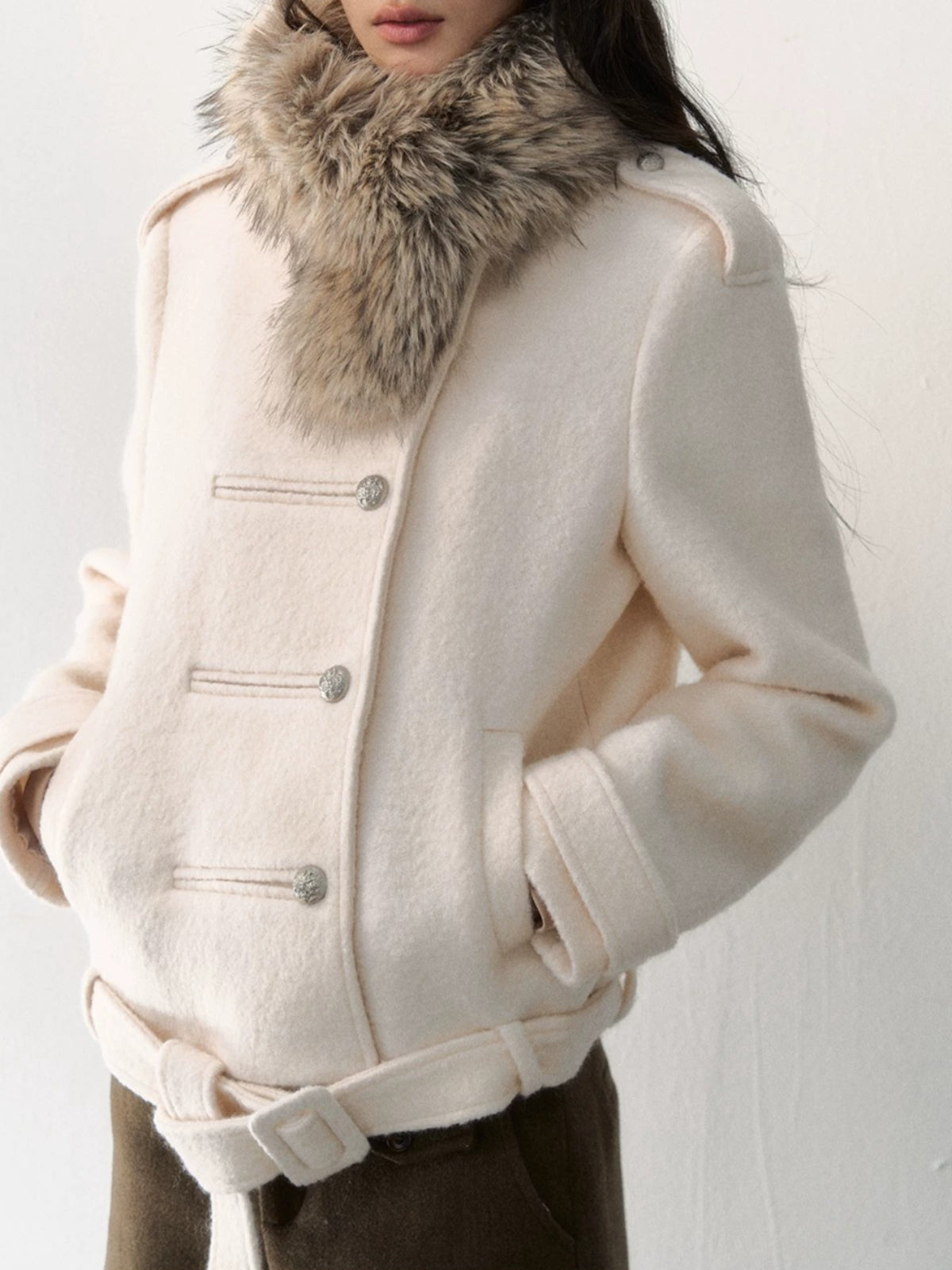 Fur-Collar Belted Wool Bouclé Coat