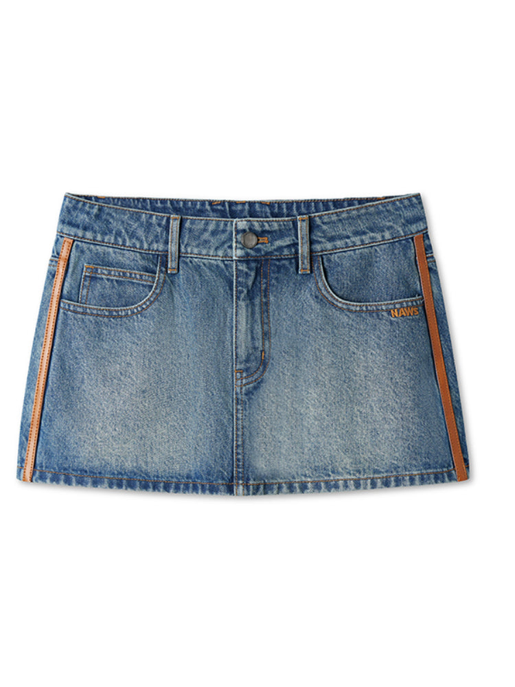 Vintage Washed Twill Patchwork Leather Straight Short Skirt