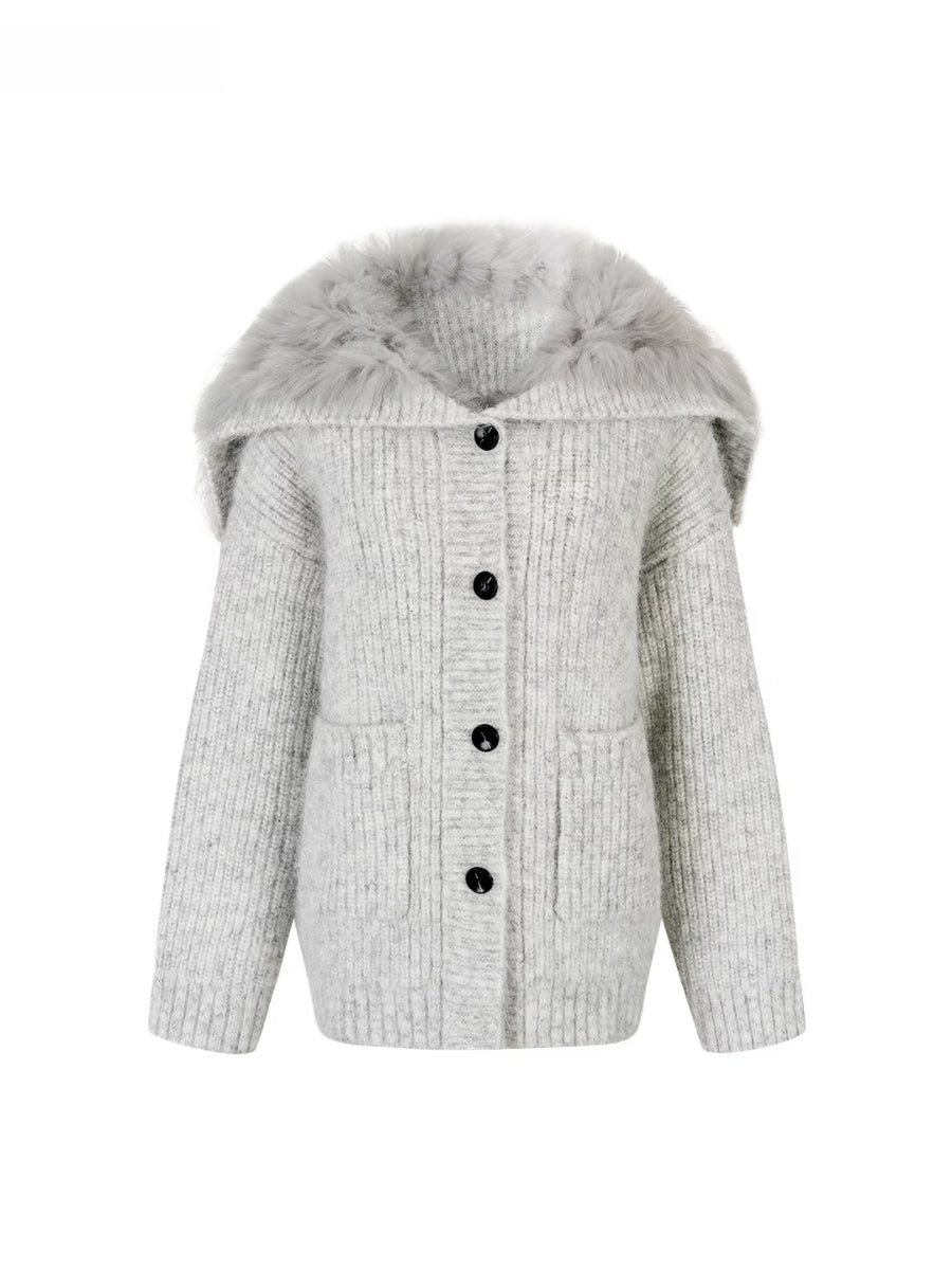 Fox Fur Large Notch Collar Cardigan