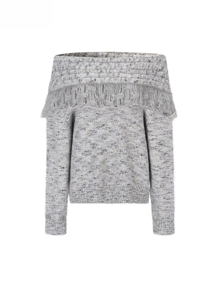 Fringed Off-shoulder Wool Sweater & Scarf Set