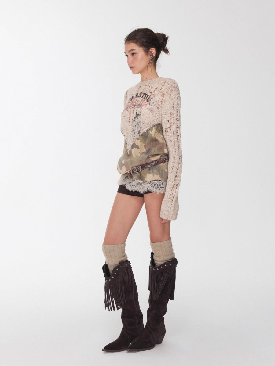 Camouflage V-Neck Lace Rhinestone Cami Top