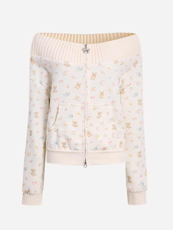 Floral Bear Bunny Off-Shoulder Sweatshirt & Pants Set