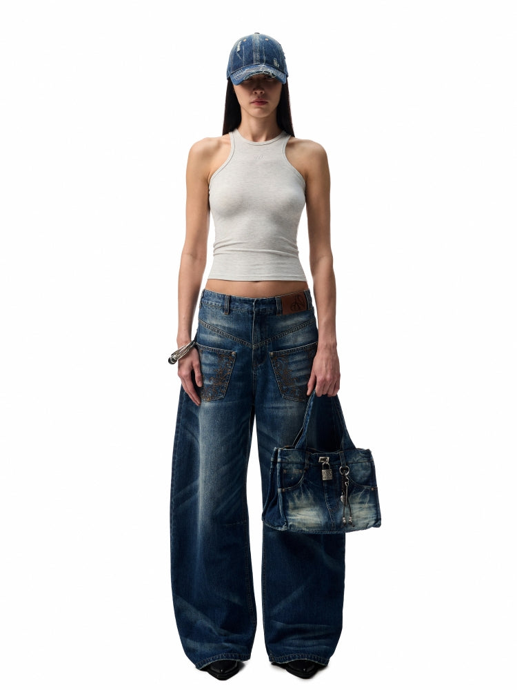 Vintage Wash Detachable Knife Denim Skirt Pants