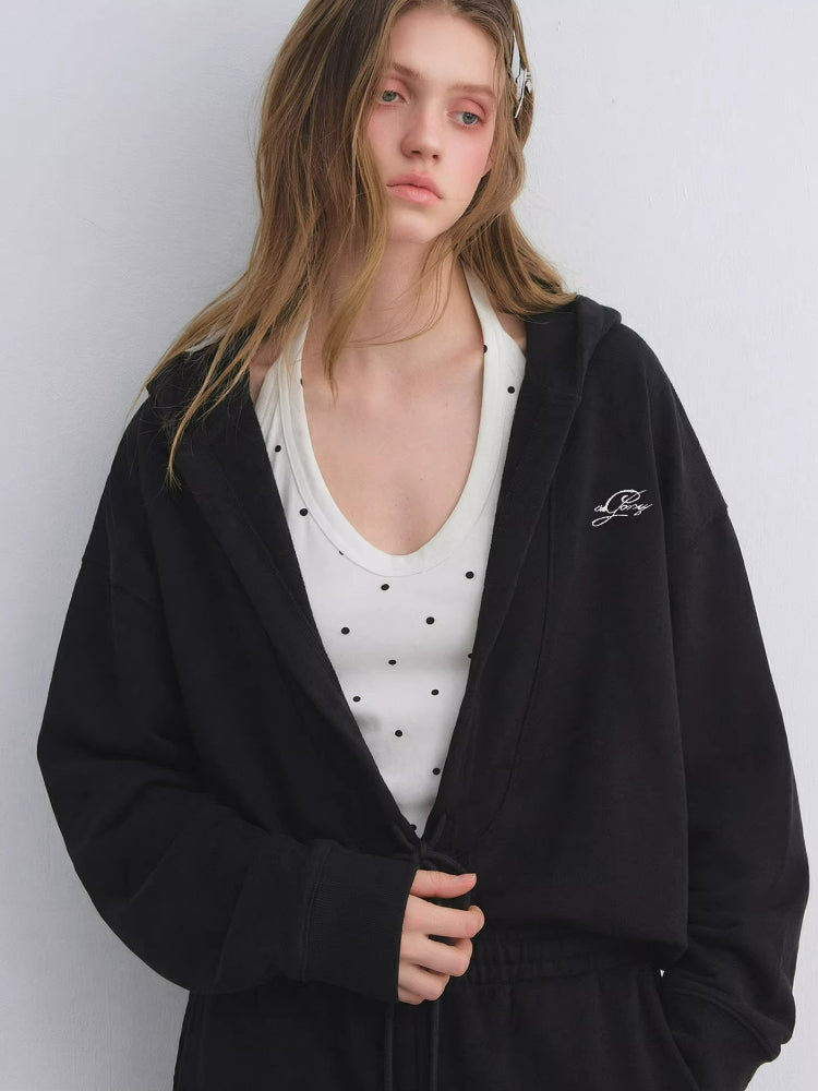 Polka Dot Vest Hooded Drawstring Sweatshirt Pants Set
