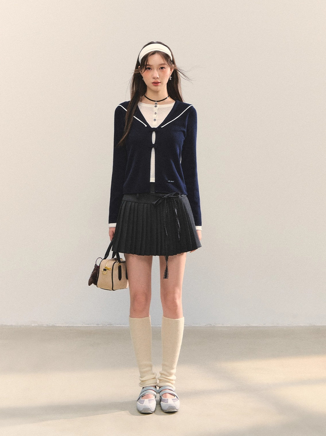Navy Blue & Gray Sailor-Bow Knit Cardigan