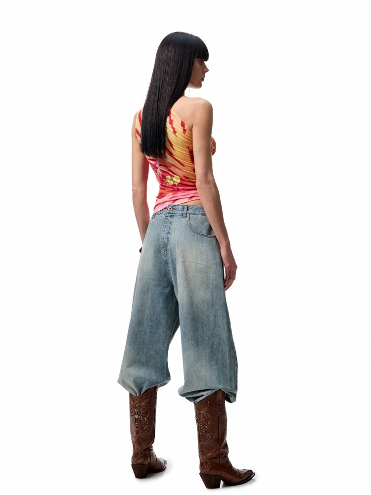 Slanted Shoulder Wrinkle-Printed Floral Vest
