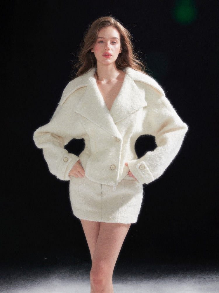 Shearling Collar Waist-Cinching Coat & Wool Skirt Set